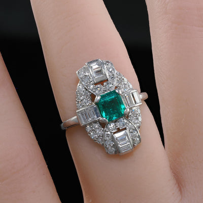 Antique Art Deco Platinum Colombian Emerald and Diamond Cocktail Ring