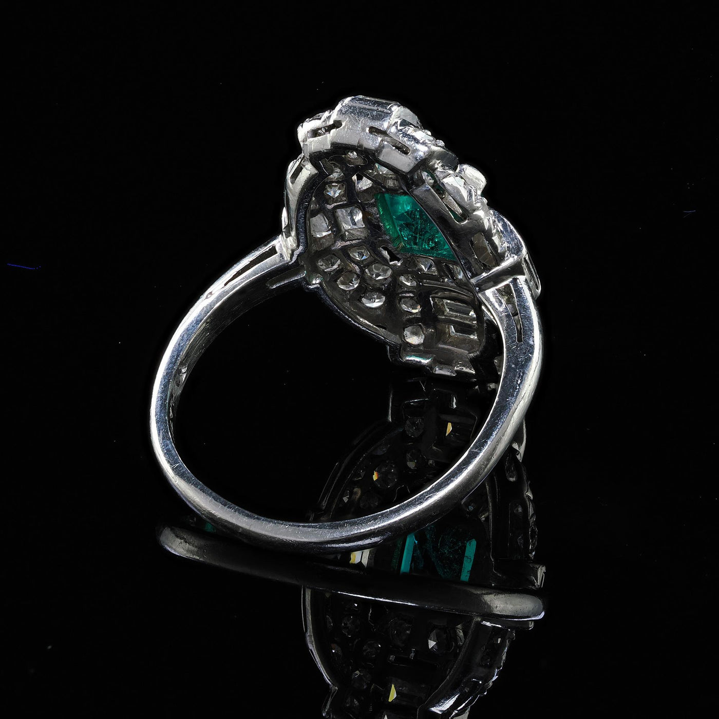 Antique Art Deco Platinum Colombian Emerald and Diamond Cocktail Ring