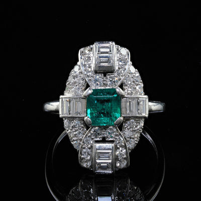 Antique Art Deco Platinum Colombian Emerald and Diamond Cocktail Ring