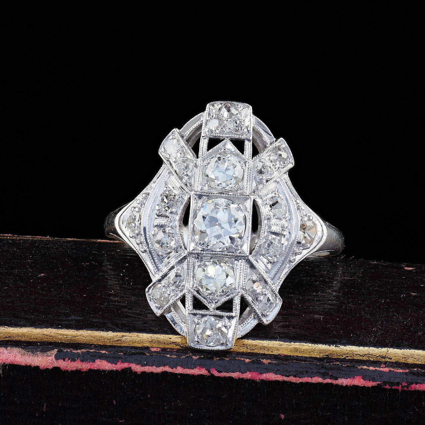 Antique Art Deco Platinum Old European Cut Diamond Cocktail Shield Ring