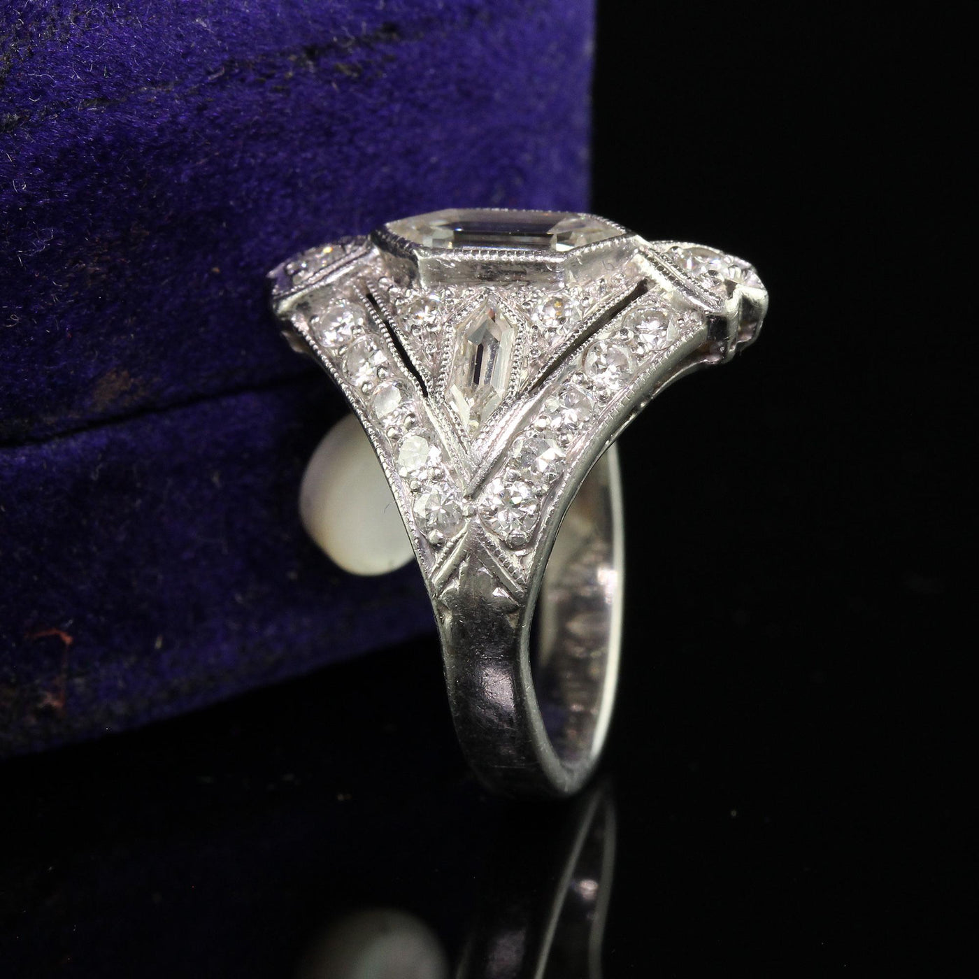 Antique Art Deco Platinum Trapezoid Cut Diamond Cocktail Shield Ring