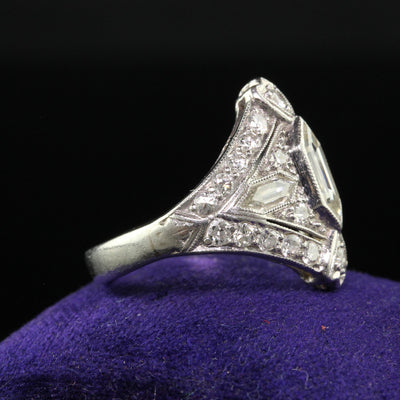 Antique Art Deco Platinum Trapezoid Cut Diamond Cocktail Shield Ring