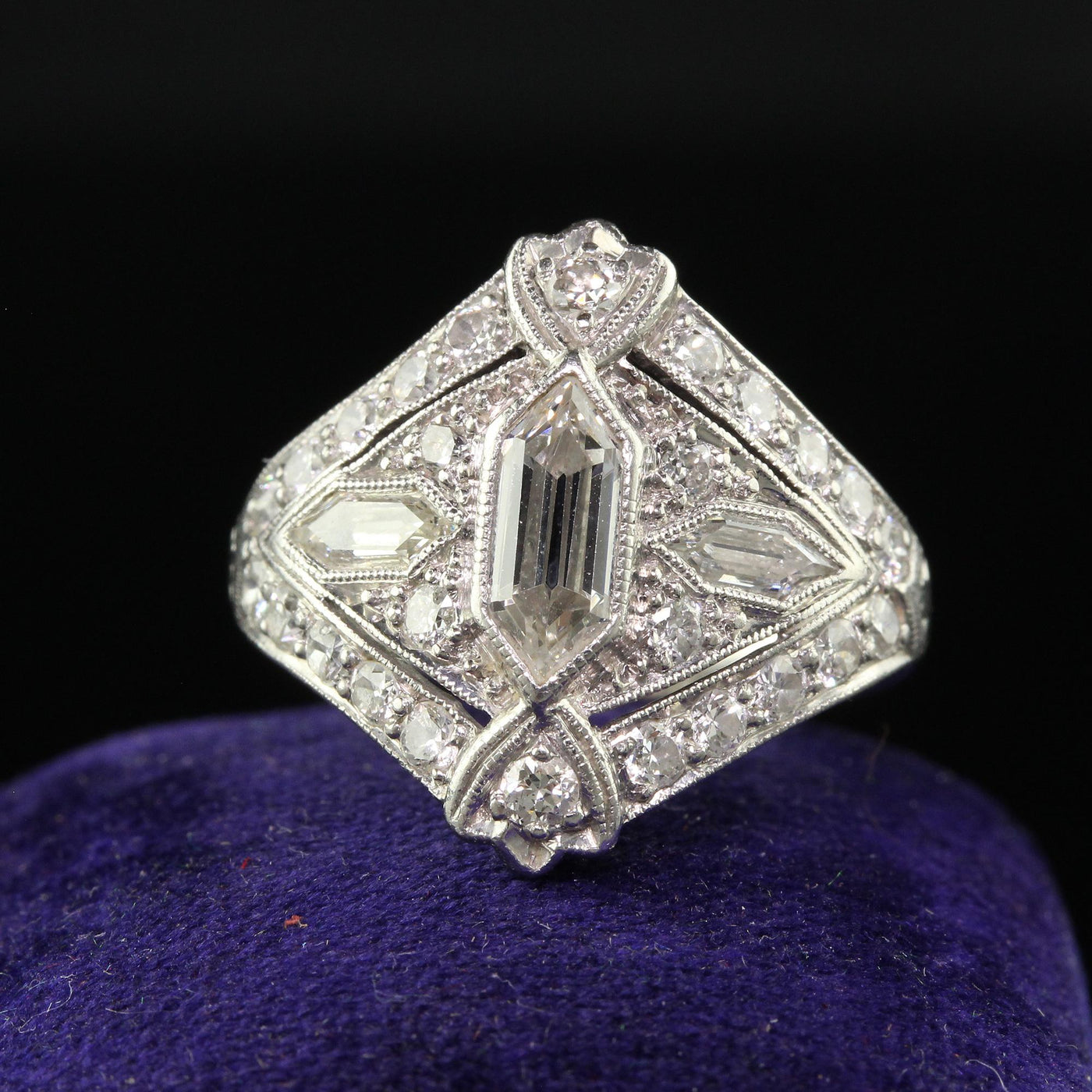 Antique Art Deco Platinum Trapezoid Cut Diamond Cocktail Shield Ring