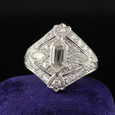 Antique Art Deco Platinum Trapezoid Cut Diamond Cocktail Shield Ring