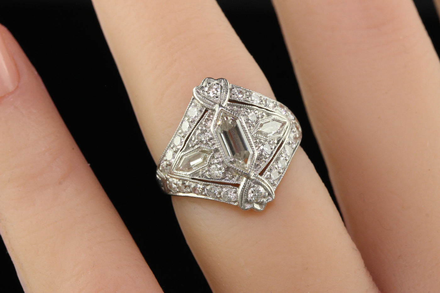 Antique Art Deco Platinum Trapezoid Cut Diamond Cocktail Shield Ring