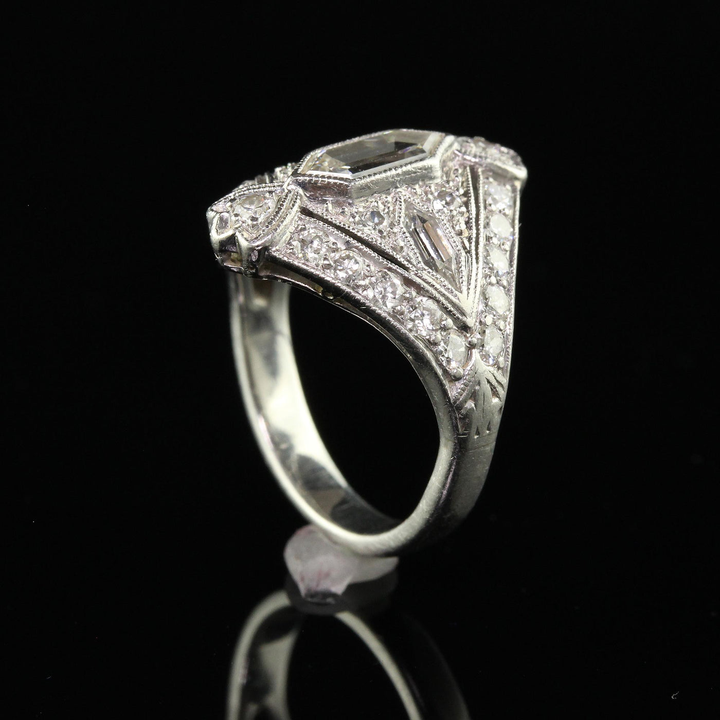 Antique Art Deco Platinum Trapezoid Cut Diamond Cocktail Shield Ring