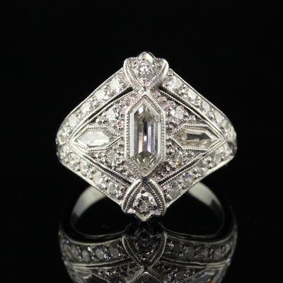 Antique Art Deco Platinum Trapezoid Cut Diamond Cocktail Shield Ring