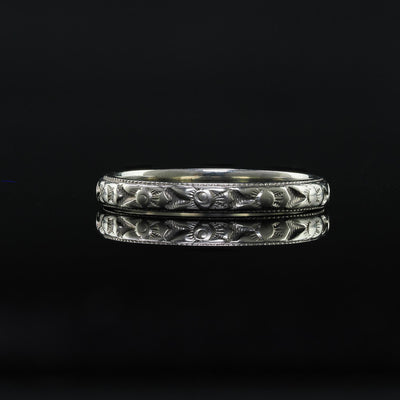 Antique Art Deco 18K White Gold Engraved Wedding Band - Size 5 3/4