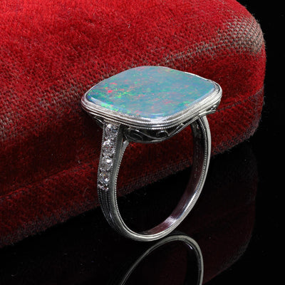 Antique Art Deco Platinum J. E. Caldwell Natural Black Opal and Diamond Ring