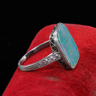 Antique Art Deco Platinum J. E. Caldwell Natural Black Opal and Diamond Ring