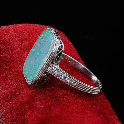 Antique Art Deco Platinum J. E. Caldwell Natural Black Opal and Diamond Ring