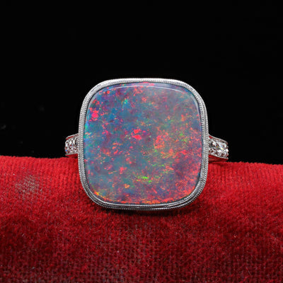 Antique Art Deco Platinum J. E. Caldwell Natural Black Opal and Diamond Ring