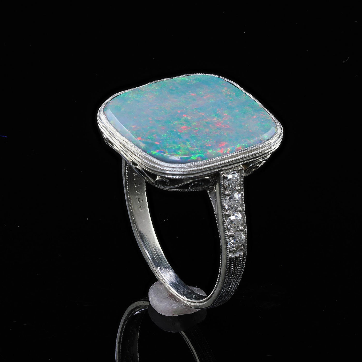 Antique Art Deco Platinum J. E. Caldwell Natural Black Opal and Diamond Ring