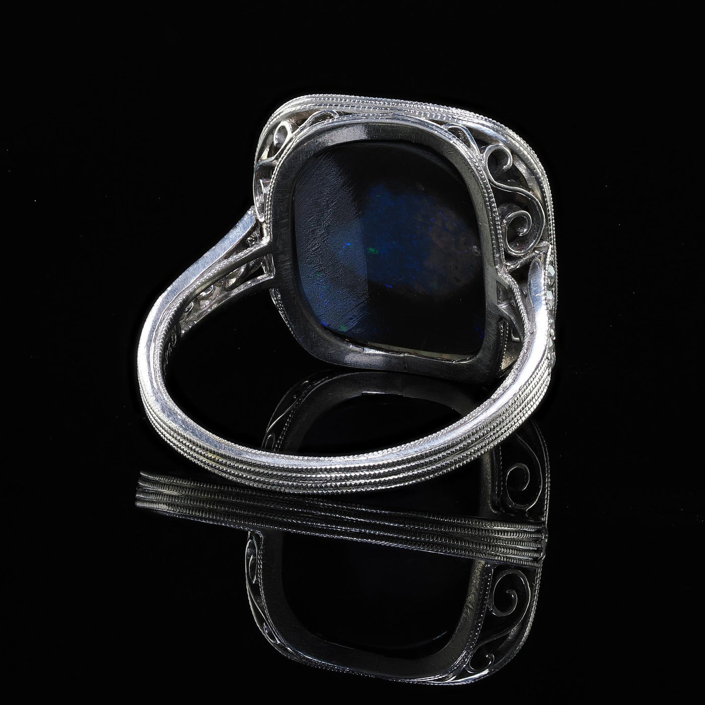 Antique Art Deco Platinum J. E. Caldwell Natural Black Opal and Diamond Ring