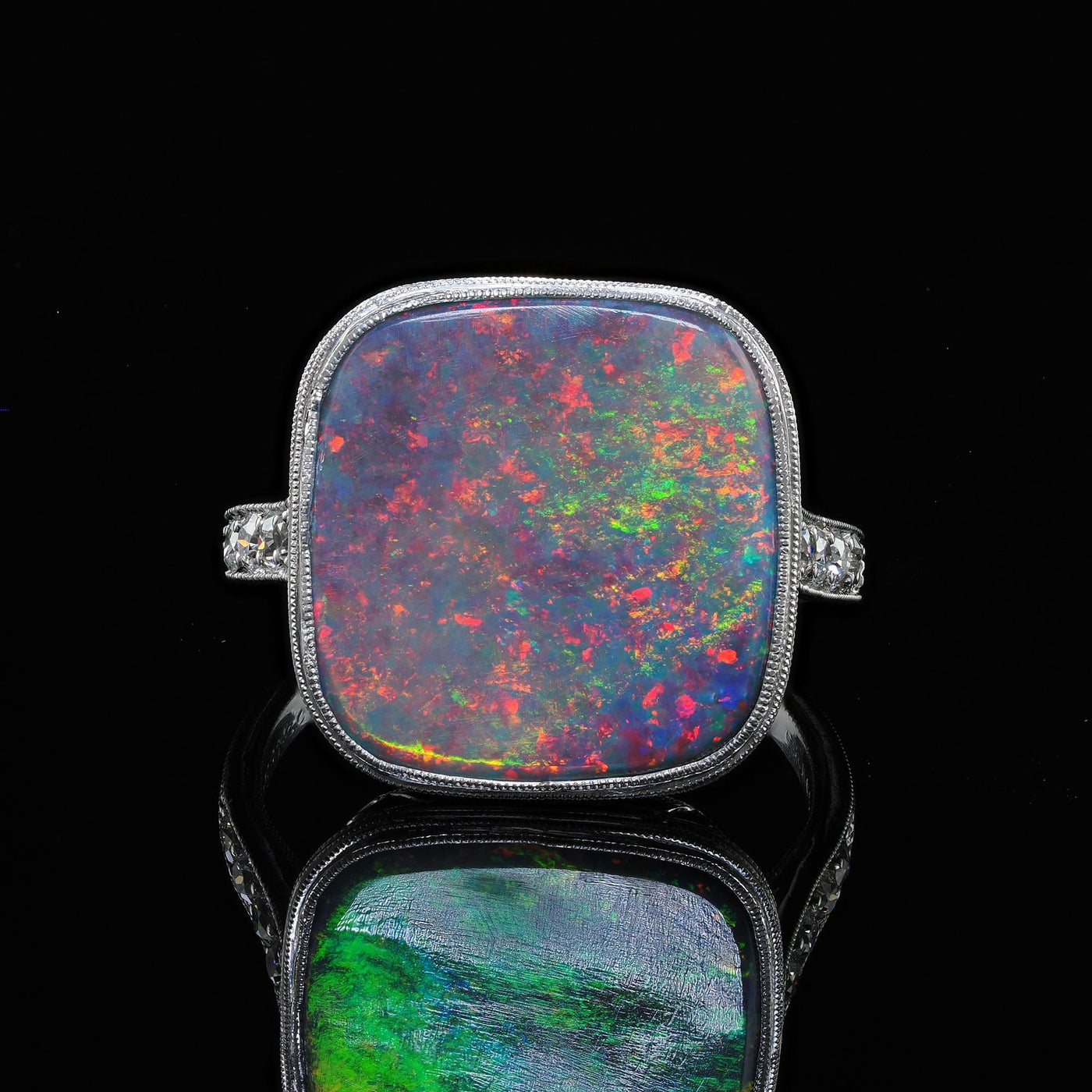 Antique Art Deco Platinum J. E. Caldwell Natural Black Opal and Diamond Ring