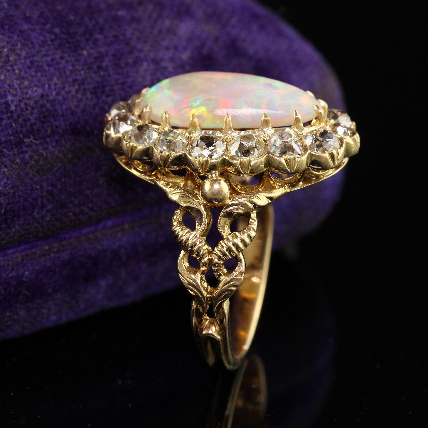 Antique Victorian 18K Yellow Gold Natural Australian Opal Diamond Halo Ring