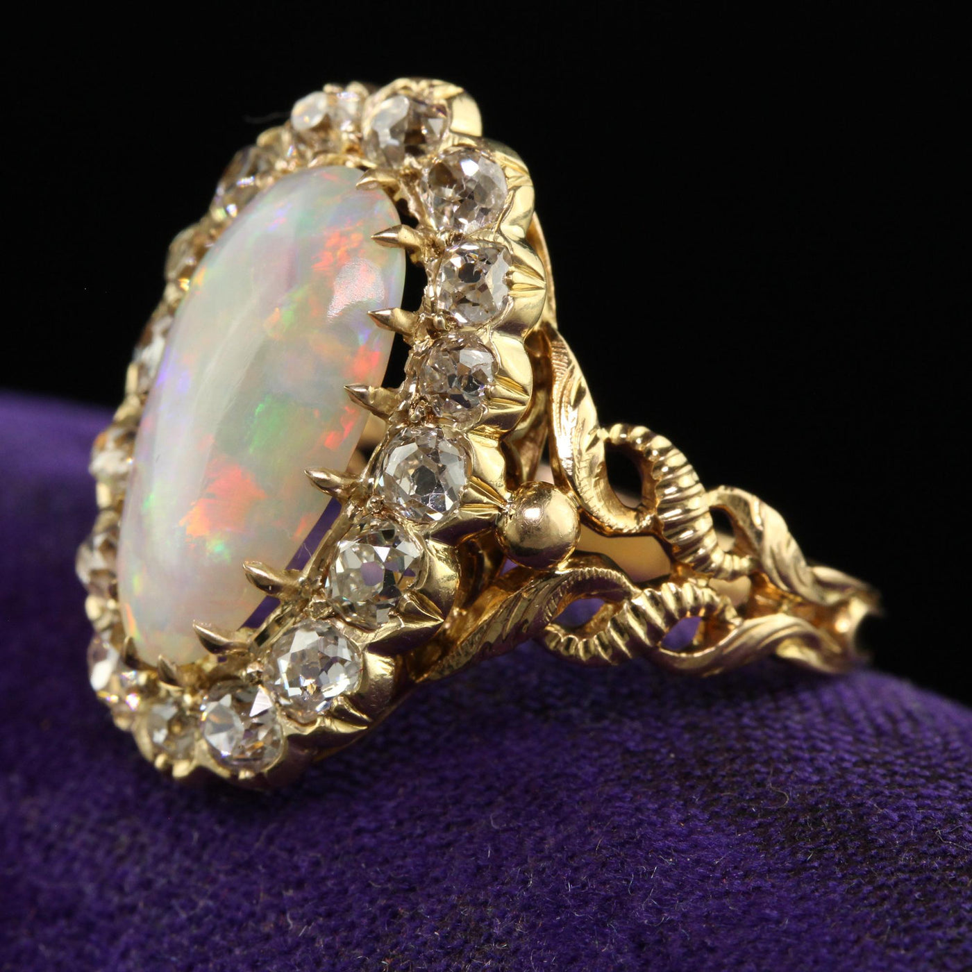 Antique Victorian 18K Yellow Gold Natural Australian Opal Diamond Halo Ring