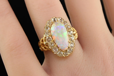 Antique Victorian 18K Yellow Gold Natural Australian Opal Diamond Halo Ring