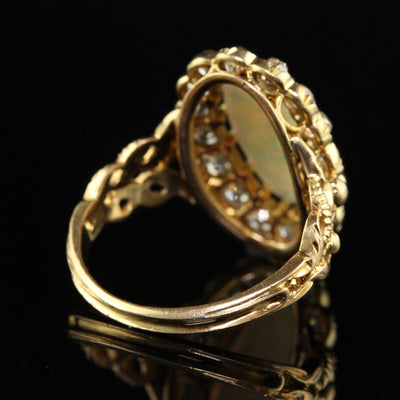 Antique Victorian 18K Yellow Gold Natural Australian Opal Diamond Halo Ring