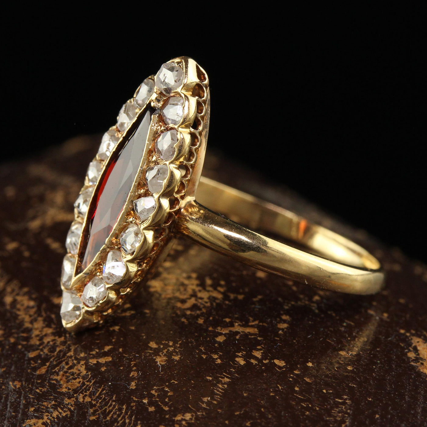 Antique Victorian 18K Yellow Gold Rose Cut Diamond and Garnet Navette Ring