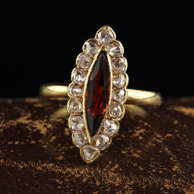 Antique Victorian 18K Yellow Gold Rose Cut Diamond and Garnet Navette Ring