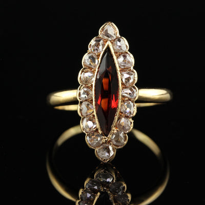 Antique Victorian 18K Yellow Gold Rose Cut Diamond and Garnet Navette Ring