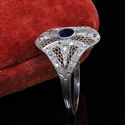 Antique Edwardian Platinum and White Gold Diamond Sapphire Filigree Ring - GIA