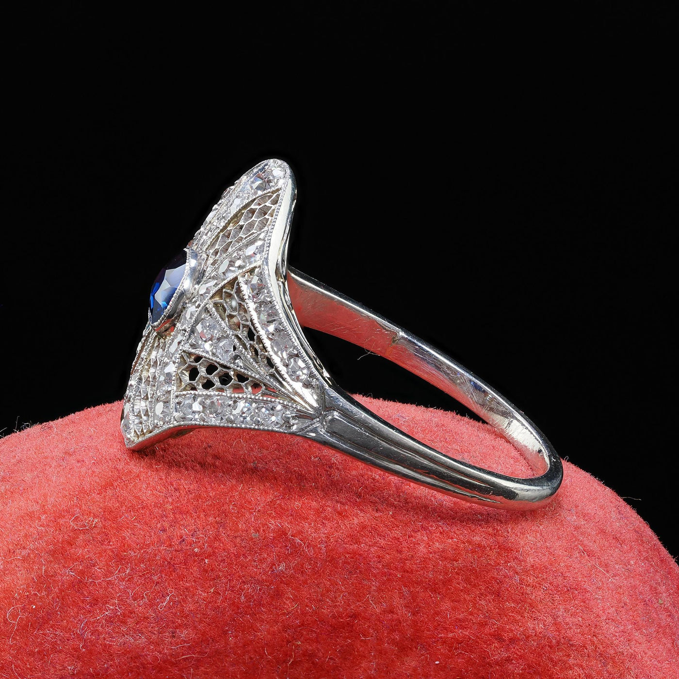 Antique Edwardian Platinum and White Gold Diamond Sapphire Filigree Ring - GIA