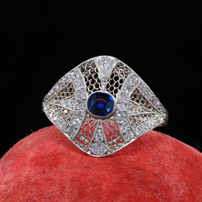 Antique Edwardian Platinum and White Gold Diamond Sapphire Filigree Ring - GIA