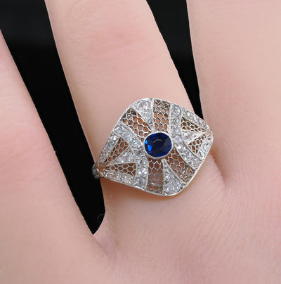 Antique Edwardian Platinum and White Gold Diamond Sapphire Filigree Ring - GIA