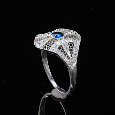 Antique Edwardian Platinum and White Gold Diamond Sapphire Filigree Ring - GIA