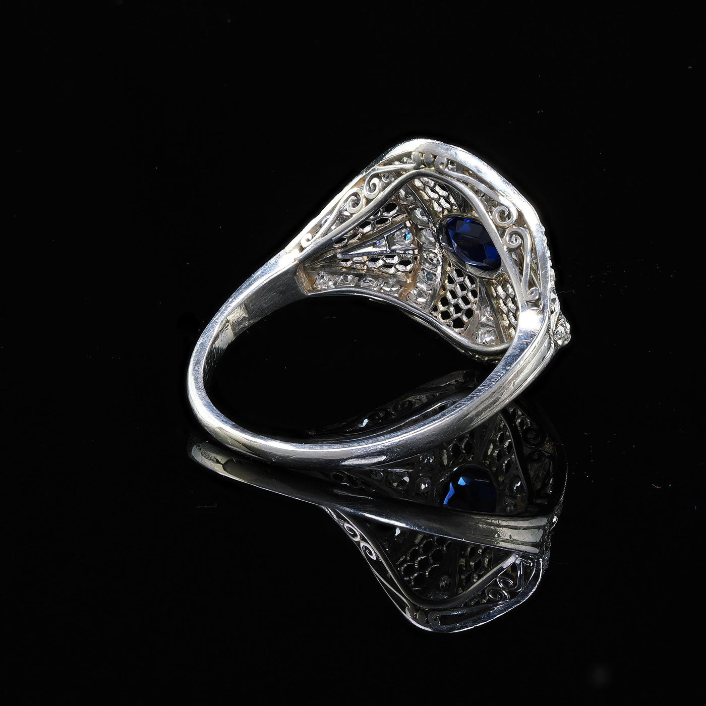 Antique Edwardian Platinum and White Gold Diamond Sapphire Filigree Ring - GIA