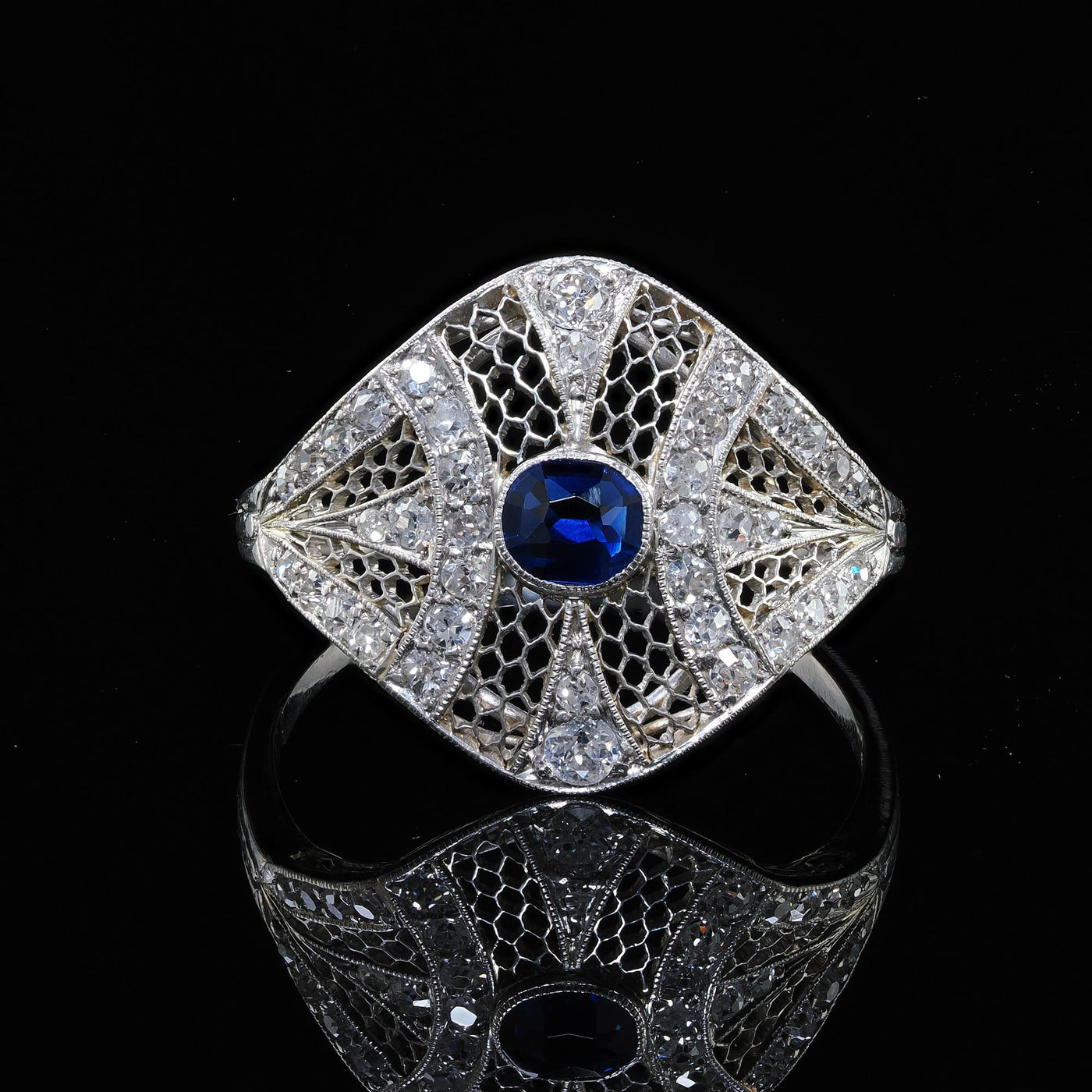 Antique Edwardian Platinum and White Gold Diamond Sapphire Filigree Ring - GIA