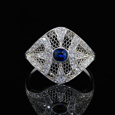 Antique Edwardian Platinum and White Gold Diamond Sapphire Filigree Ring - GIA