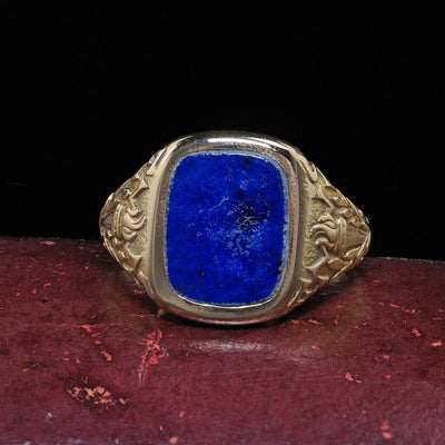 Antique Art Deco Tiffany and Co 14K Yellow Gold Lapis Engraved Ring