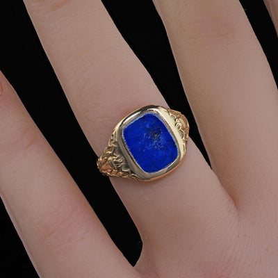 Antique Art Deco Tiffany and Co 14K Yellow Gold Lapis Engraved Ring