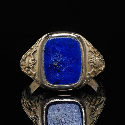 Antique Art Deco Tiffany and Co 14K Yellow Gold Lapis Engraved Ring