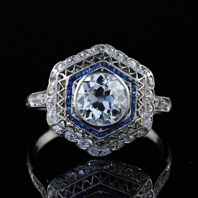 Antique Edwardian Platinum Old Mine Diamond and Sapphire Engagement Ring - GIA