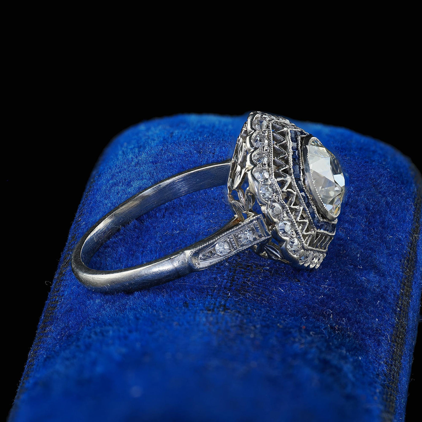 Antique Edwardian Platinum Old Mine Diamond and Sapphire Engagement Ring - GIA