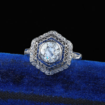 Antique Edwardian Platinum Old Mine Diamond and Sapphire Engagement Ring - GIA