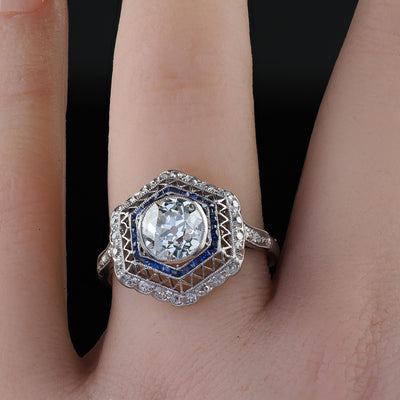 Antique Edwardian Platinum Old Mine Diamond and Sapphire Engagement Ring - GIA