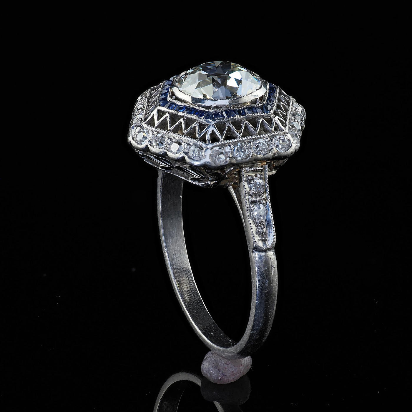 Antique Edwardian Platinum Old Mine Diamond and Sapphire Engagement Ring - GIA