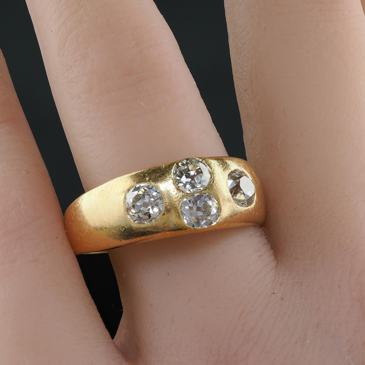 Antique Victorian 18K Yellow Gold Old Mine Diamond Four Stone Flush Set Ring