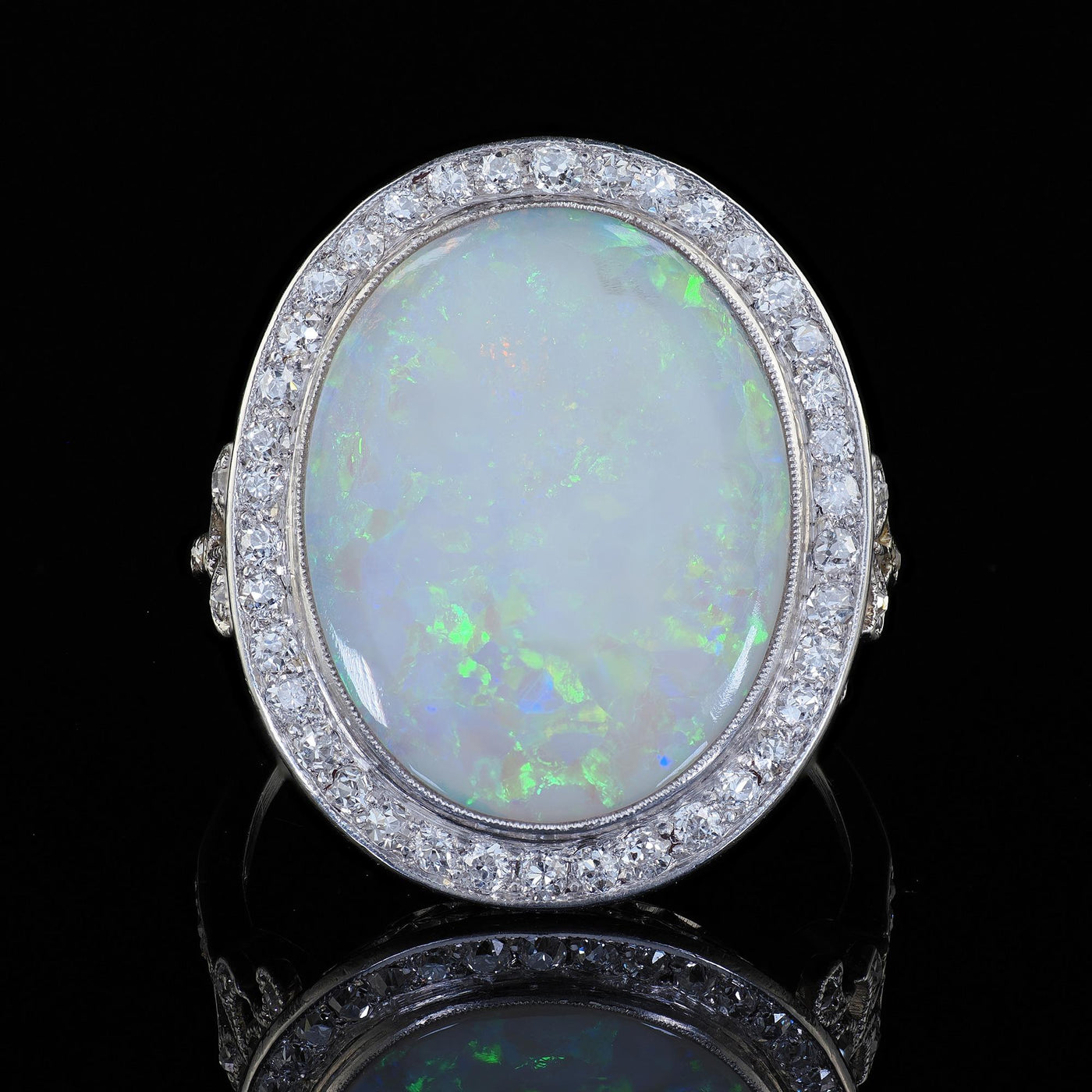 Antique French Belle Epoque Platinum Natural Opal Diamond Cocktail Ring