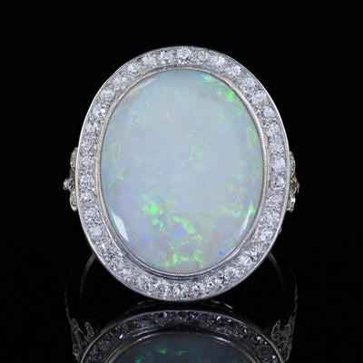 Antique French Belle Epoque Platinum Natural Opal Diamond Cocktail Ring