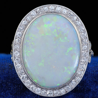 Antique French Belle Epoque Platinum Natural Opal Diamond Cocktail Ring