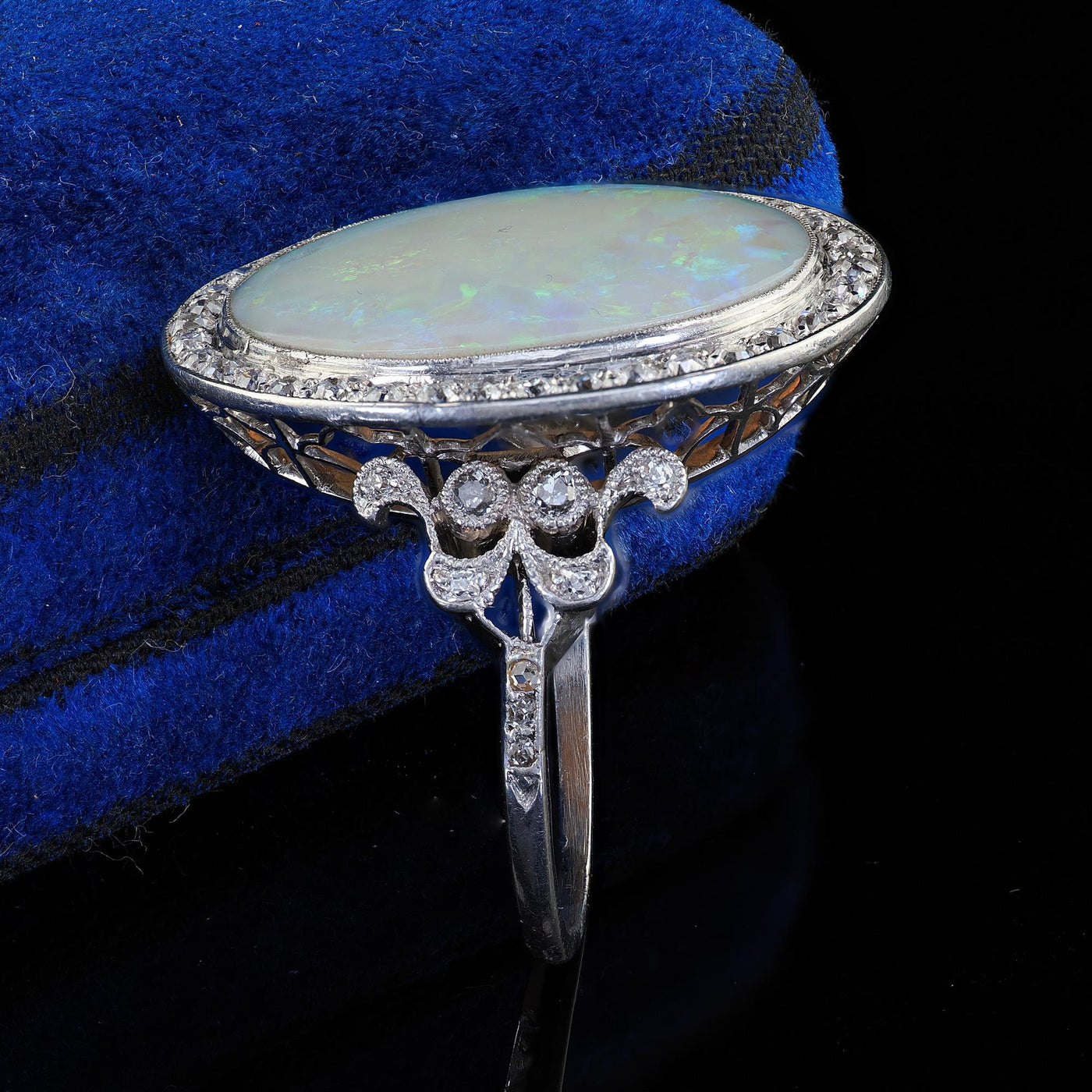 Antique French Belle Epoque Platinum Natural Opal Diamond Cocktail Ring