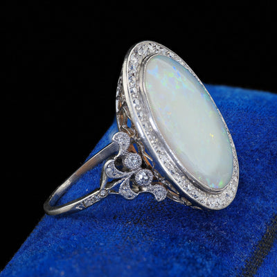 Antique French Belle Epoque Platinum Natural Opal Diamond Cocktail Ring