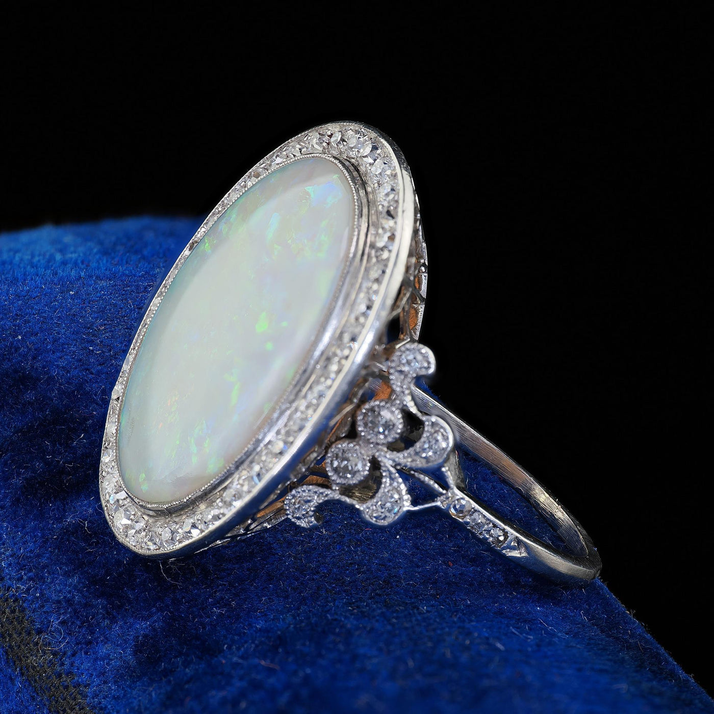 Antique French Belle Epoque Platinum Natural Opal Diamond Cocktail Ring