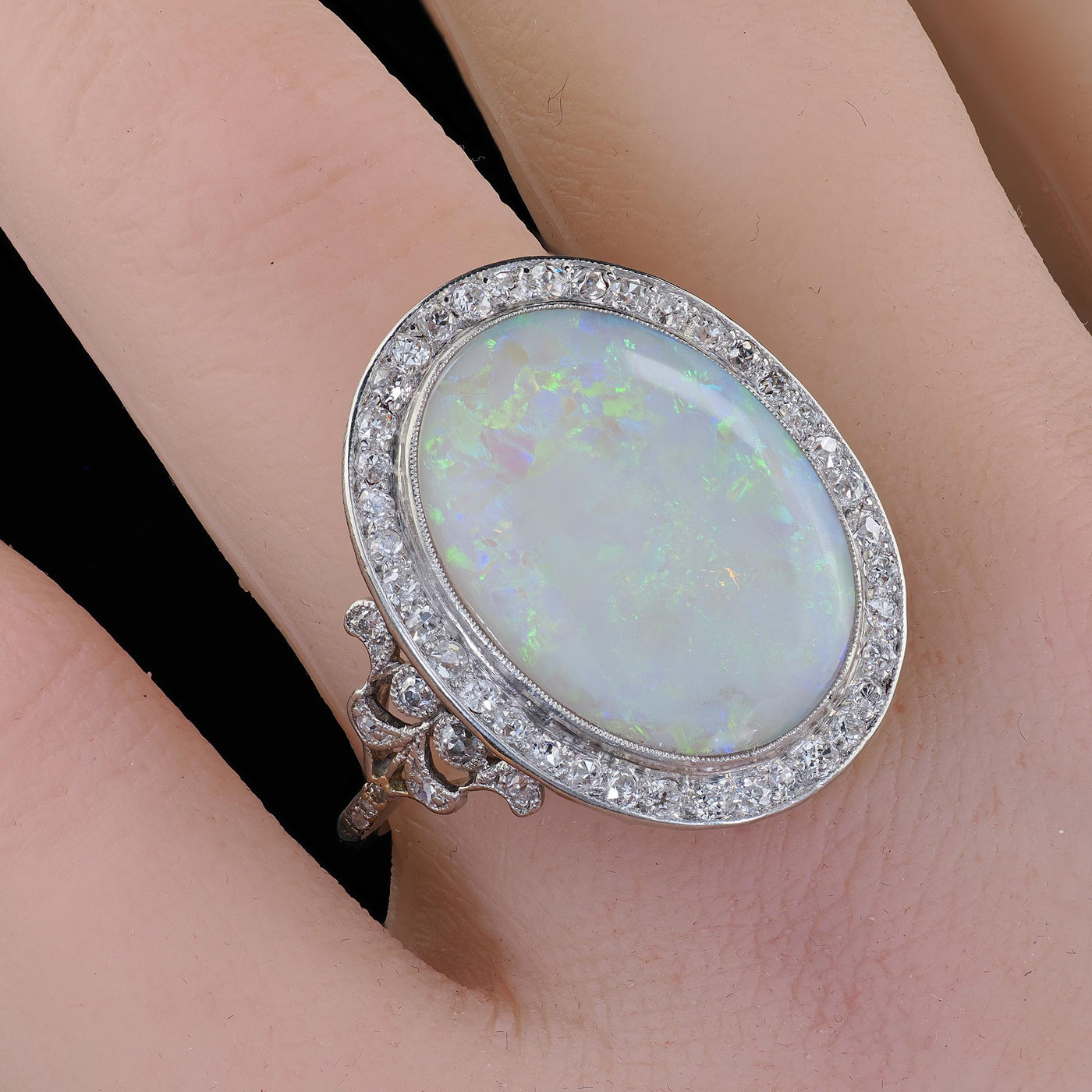 Antique French Belle Epoque Platinum Natural Opal Diamond Cocktail Ring